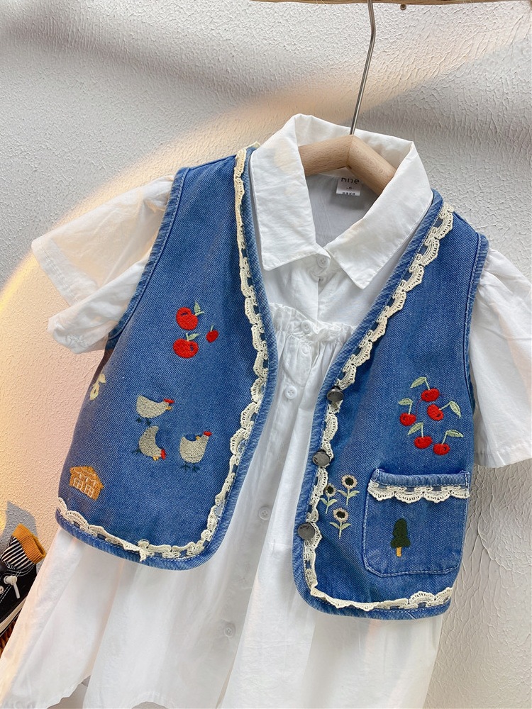 [Pick up] girls' Waistcoat Vest outer wear spring and summer Small Children Baby denim jacket retro trendy children's coat