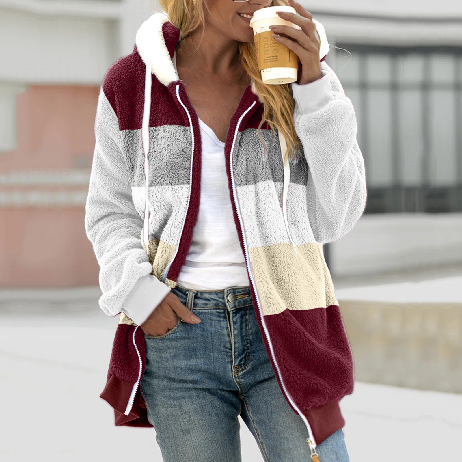 wish independent station 2021 Amazon hot sale new autumn and winter loose plush multi-color stitching hooded coat for women