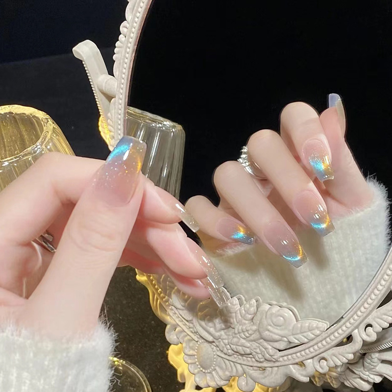 Flash cat eye nail polish wearable nail piece French gradient two-color nail sticker finished fake nail Aurora White nail