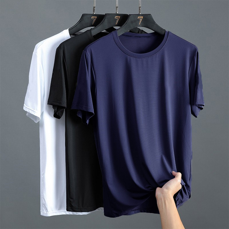 Sports Short-sleeved T-shirt Summer Breathable Quick-drying Solid Color Casual Round Neck Large Size Men's Ice Silk Short-sleeved T-shirt Men's Top