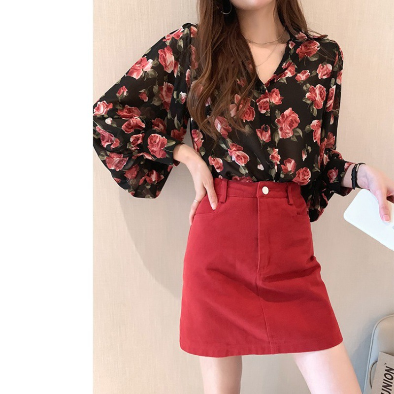 Floral Shirt Women's 2021 New Retro Loose Design Sense Top Long Sleeve Chiffon Shirt Base Shirt