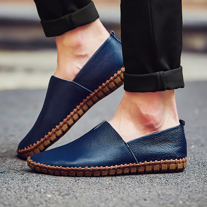 Cross-border Large Size Slip-on Men's Shoes Hand-stitched Men's Peas Shoes Spring and Summer First Layer Cowhide Hollow Men's Leather Shoes