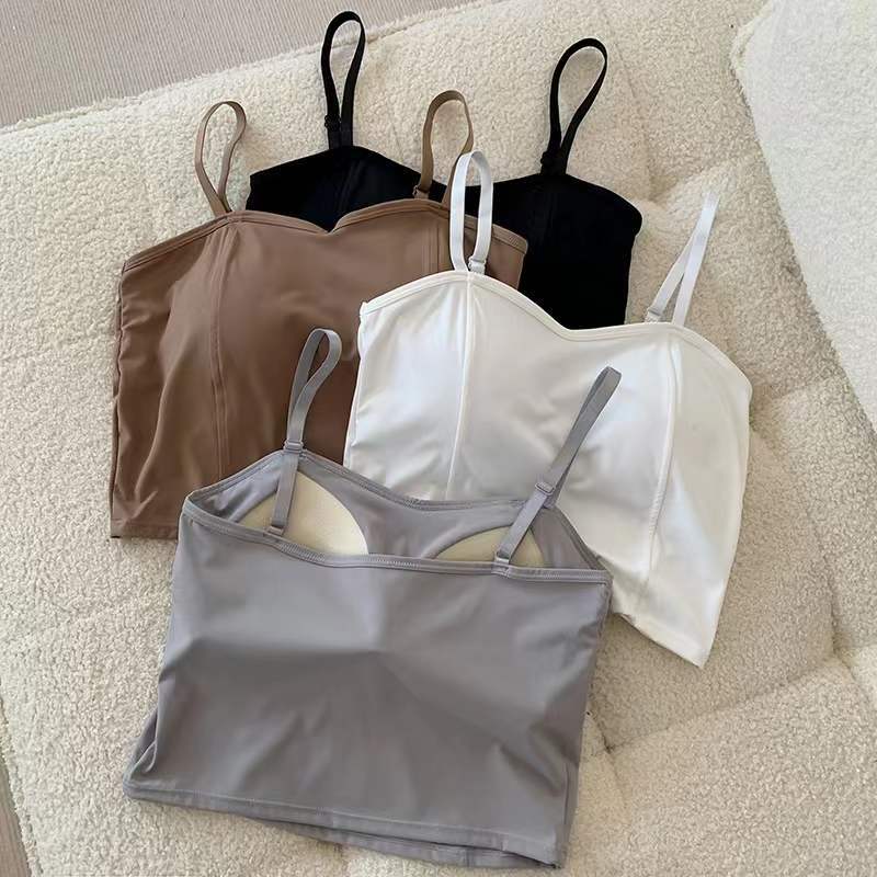 Beautiful Back Ice Silk Underwear Vest Sling with Chest Pad Women's Fixed Cup Comfortable Anti-Light Outer Wearing Solid Color Breast Wrapping Tube Top