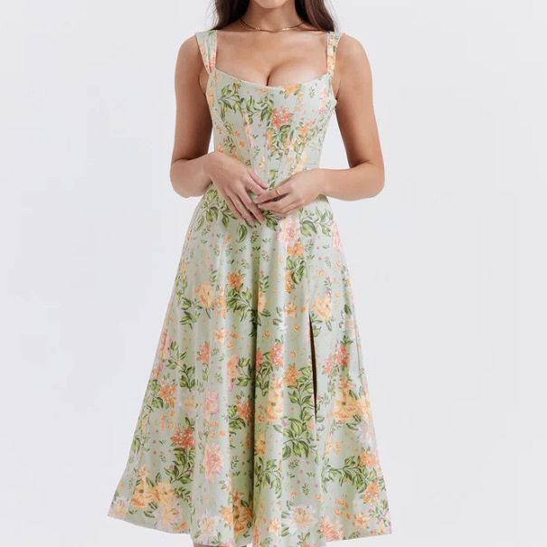 Europe and the United States cross-border Brazil hot summer sexy waist fishbone stitching strap printing strap waist dress