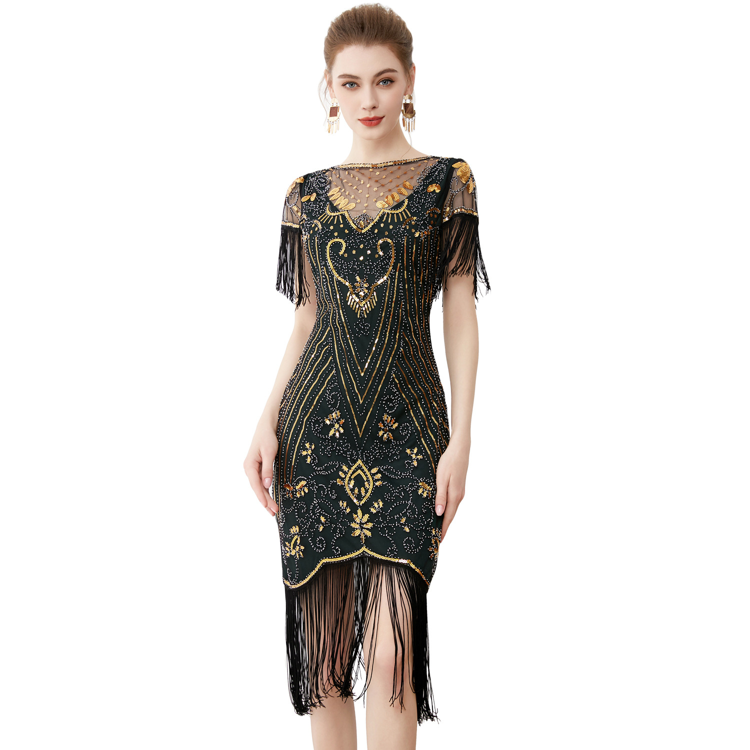 1920s Retro Dance Party Embroidered Tassel Dress Cocktail Party Plus Size Sequin Beaded Mesh Dress