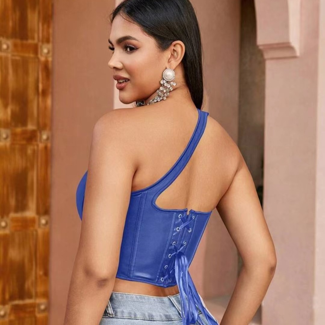 New European and American Cross-border PU Leather Shaping Top Shoulder Vest Fashion Women's Fish Bone Corset Sexy Backless Waist