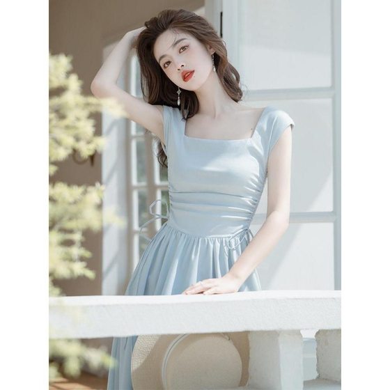 Vintage Minute Style Women's Square Collar French Dress Long High Waist Slimming Skirt Women's Summer Long Dress Summer 2024