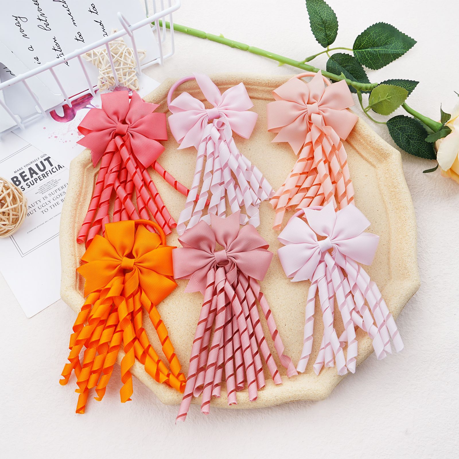 European and American Children's Hair Accessories Cheerleading Stage Ribbon Rolled Belt Tassel Swallowtail Bow Rubber Band Hair Ring Accessories