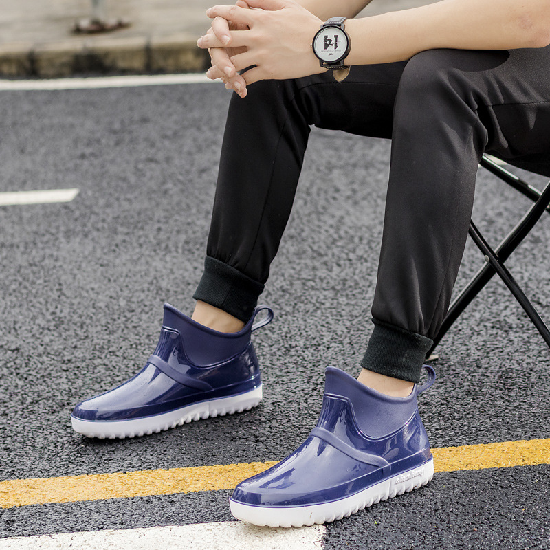 Rain Boots Men's Fashionable Korean Style Trendy Water Shoes Four Seasons Rain Boots Outer Wear Short Tube Work Shoes Waterproof Non-slip Low-top Rubber Shoes