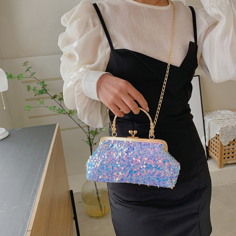 2022 New All-match Metal Handheld Sequin Small Bag Women's Shiny Shoulder Bag Fashionable Texted Crossbody Small Square Bag