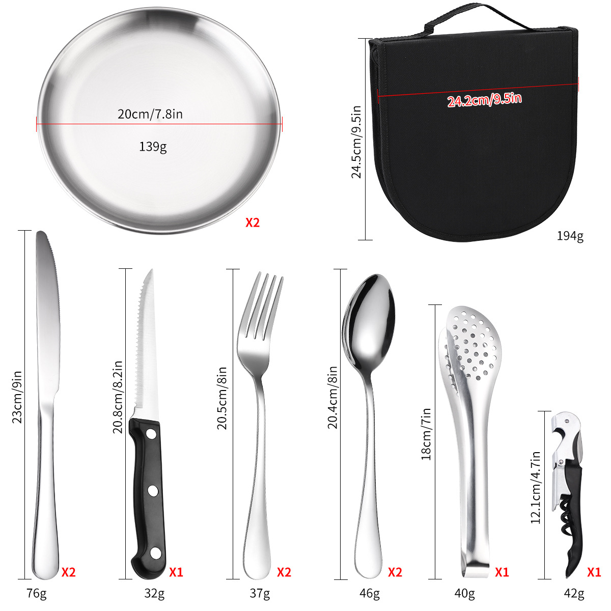 Cross-border stainless steel tableware 10 piece set portable outdoor camping tableware bag holder knife fork spoon plate 20 piece set