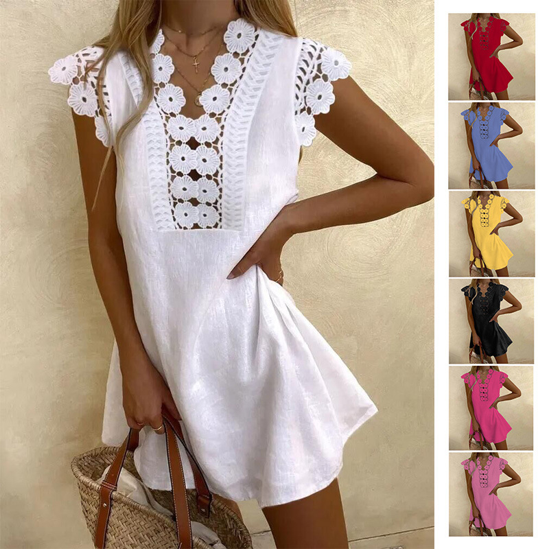 Amazon AliExpress wish independent station cross-border ladies solid color washed wrinkled lace summer cool dress