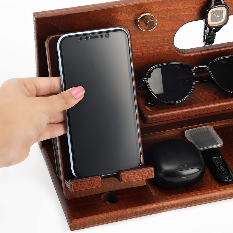 Bedside mobile phone charging bracket solid wood mobile phone storage rack creative decoration multifunctional wooden lazy bracket