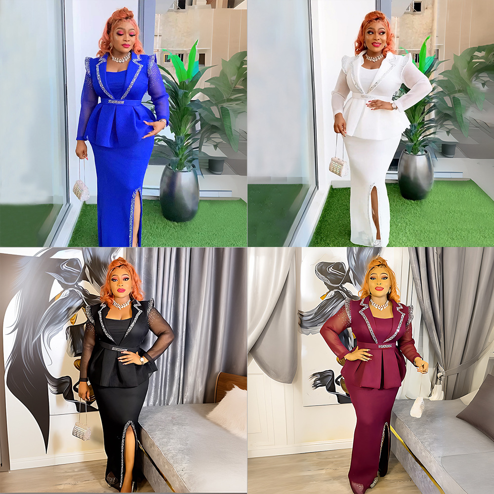 European and American cross-border foreign trade grid rhinestone temperament professional women's clothing plus size AliExpress African fake two-piece set dress
