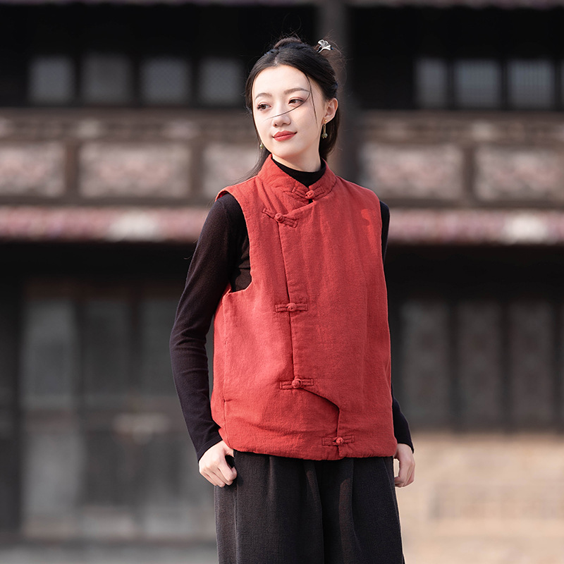23 cotton and linen women's clothing New National style vintage buckle cotton vest top women's sand wash linen quilted warm vest_voghion.com