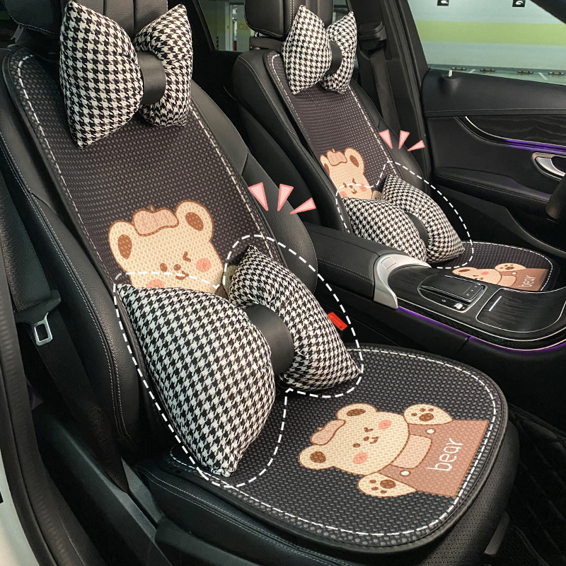 Summer black car seat cushion simple and comfortable ice silk mesh cloth edging four seasons Universal cartoon bear car seat cushion_voghion.com