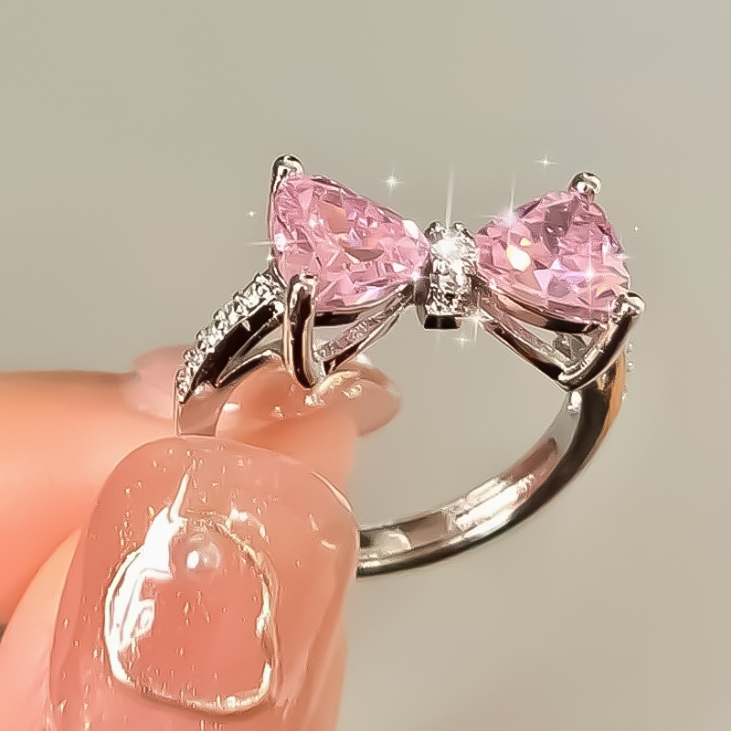 Pink zircon bow ring for women ins trendy niche design cold style index finger ring fashionable personalized ring_voghion.com