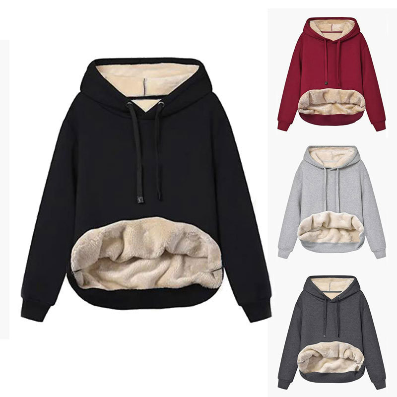 European and American cross-border Amazon popular 2023 Winter Women's warm lambswool pocket hooded sports sweater jacket