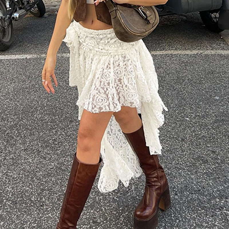 Asymmetrical Design Girl's Gentle Style Skirt Summer New Style Lace Stitching Flower Decorative Distinctive Skirt