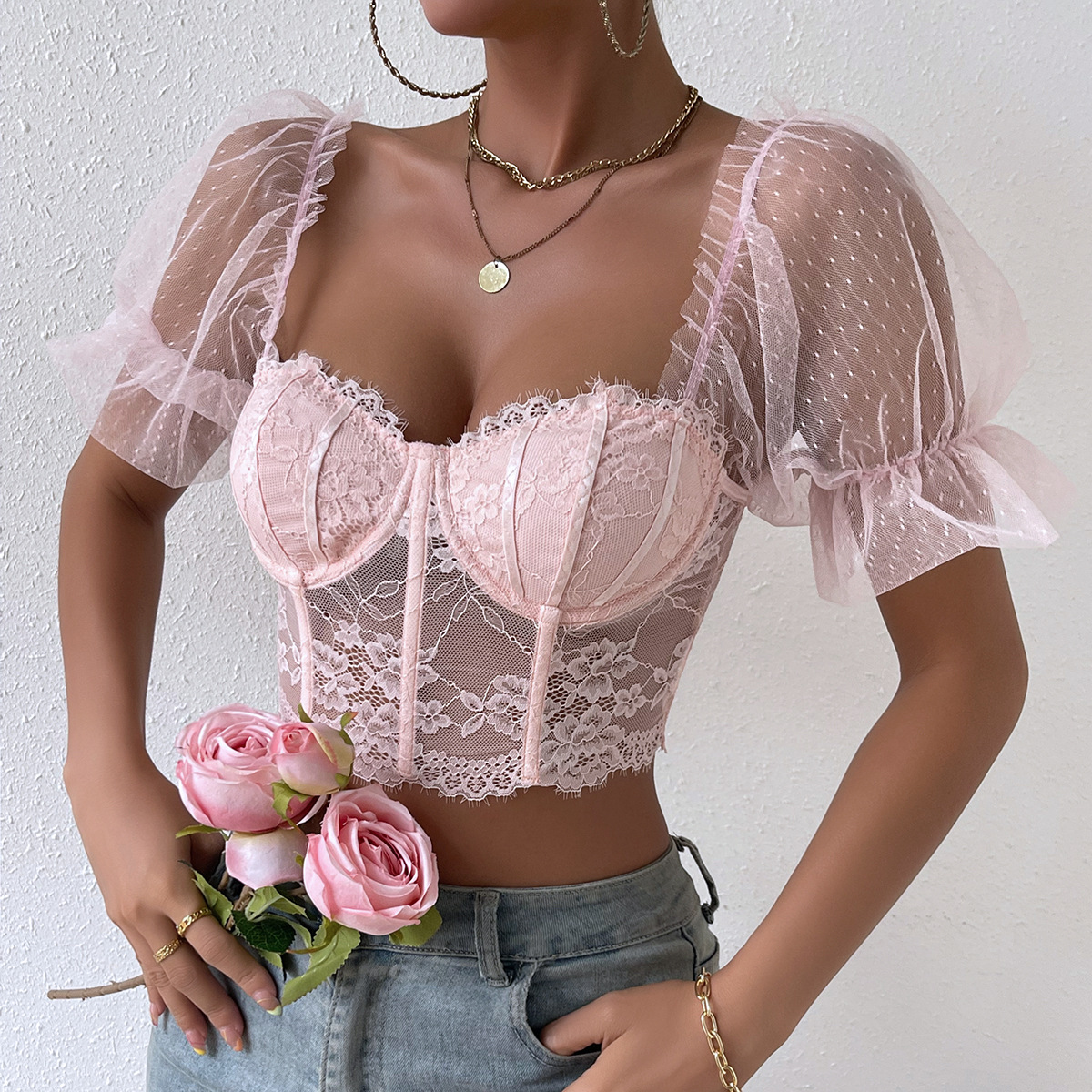 Cross-border Europe and the United States foreign trade new ins Wind mesh perspective lace flower high-grade girl jacket 60491