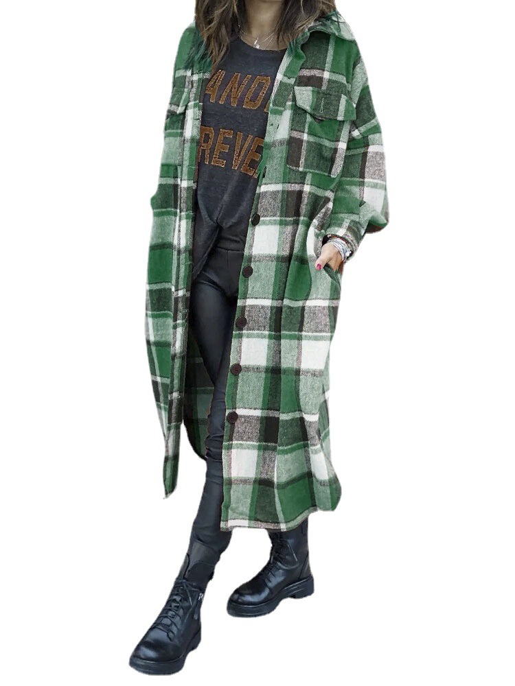 [Spot] Cross-border European and American Long Windbreaker Lapel Side Split Women's Woolen Plaid Coat Women's Coat