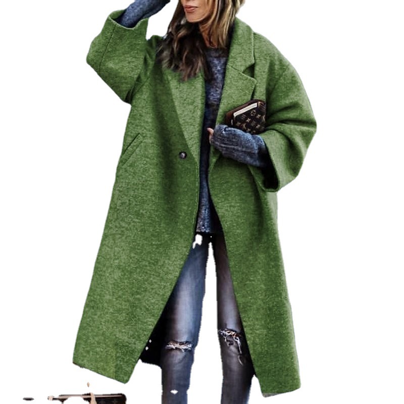 European and American autumn and winter long woolen coat color temperament commuting beltless lapel loose woolen green coat for women