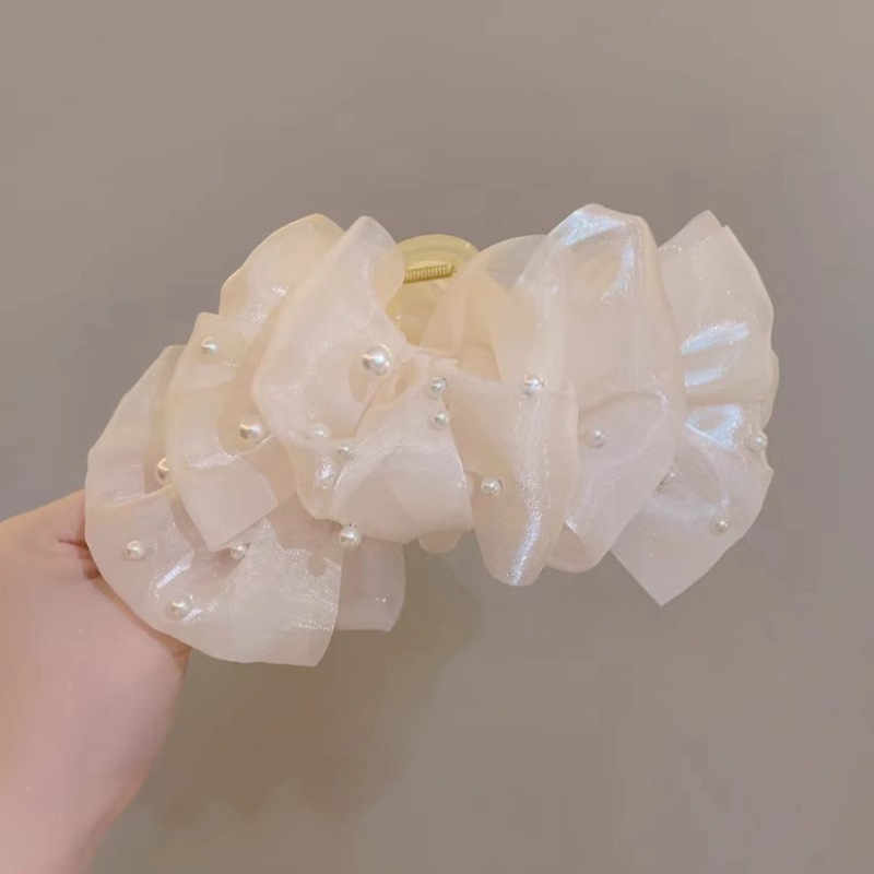 2023 New Bubble Mesh pearl clip female temperament multi-layer bow oversized back head shark clip_voghion.com