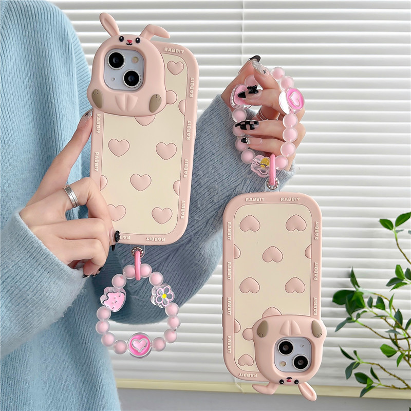 適用iPhone15手機殼蘋果14卡通愛心兔子帶掛鏈硅膠殼蘋果13手機殼