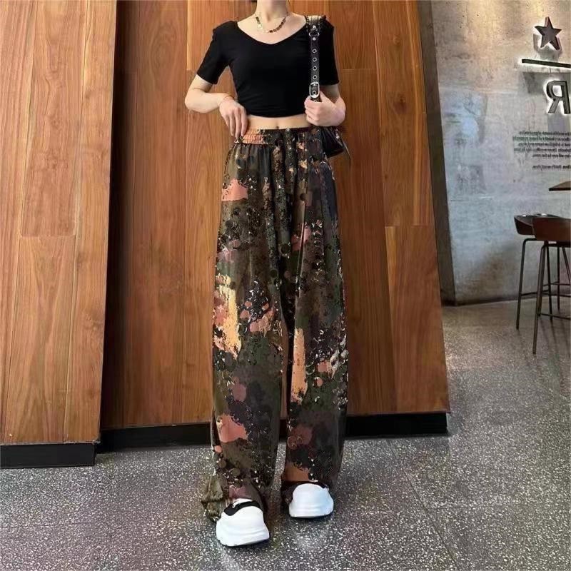 Ink tie-dyed wide-leg pants for women Summer thin high waist loose slimming draping mop lazy casual ice silk pants for women