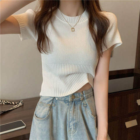 Ice Silk short-sleeved T-shirt for women spring/summer 2023 new casual inner knitted bottoming shirt fashionable western style small shirt top