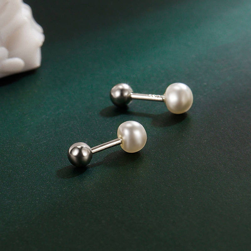 Freshwater pearl stud earrings female screw twist stud earrings sweet single Pearl exquisite Japanese girl temperament simple small