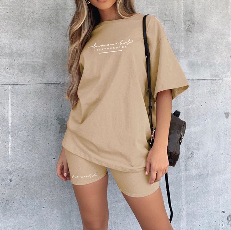 2020 European and American New Letter Printing Fashion Loose Slim T-shirt Casual Sports Two-piece Set for Women