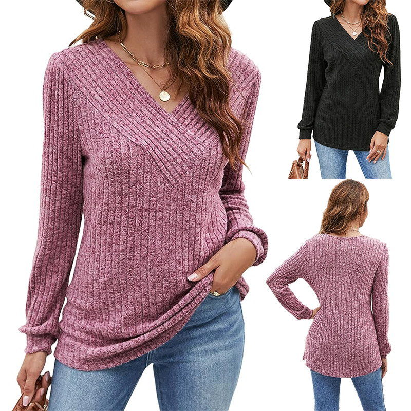  European and American cross-border autumn and winter new women's clothing large size long-sleeved V-neck casual tops foreign trade pit strip women's sweatshirts