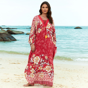 Beach blouse rayon chest tie rope holiday robe cross-border Amazon 23116 L