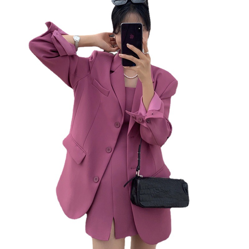 South Korea Autumn New sweet temperament suit loose coat + inner strap dress short skirt fashion suit