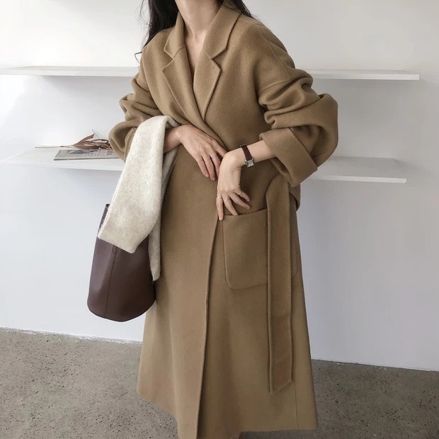 South Korea Dongdaemun 2023 autumn and winter New lace-up cashmere coat Women's Mid-length loose over-the-knee woolen coat_voghion.com