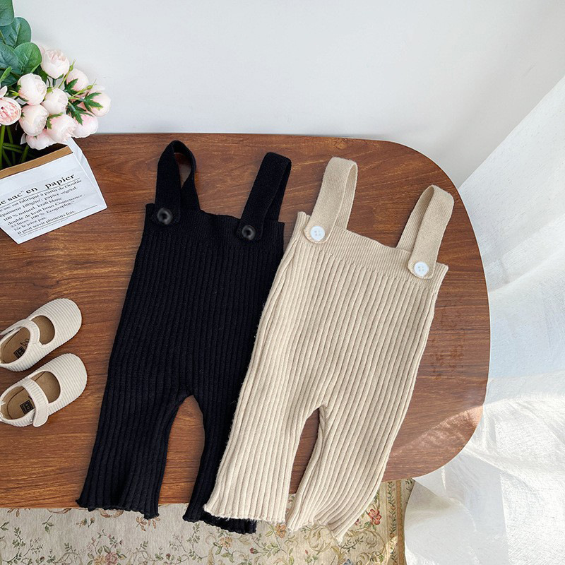Luoxi Korean-style Fall/Winter All-match Solid Color Knitted Pants Girls' Casual Pit-strap Suit Baby's Western-style Pants