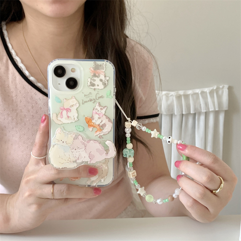 Green Milk Tea Cute Goldfish Cat Phone Stand Compatible with iPhone 15 Pro Max Apple 14 Phone Case for Women 13 Layers 12