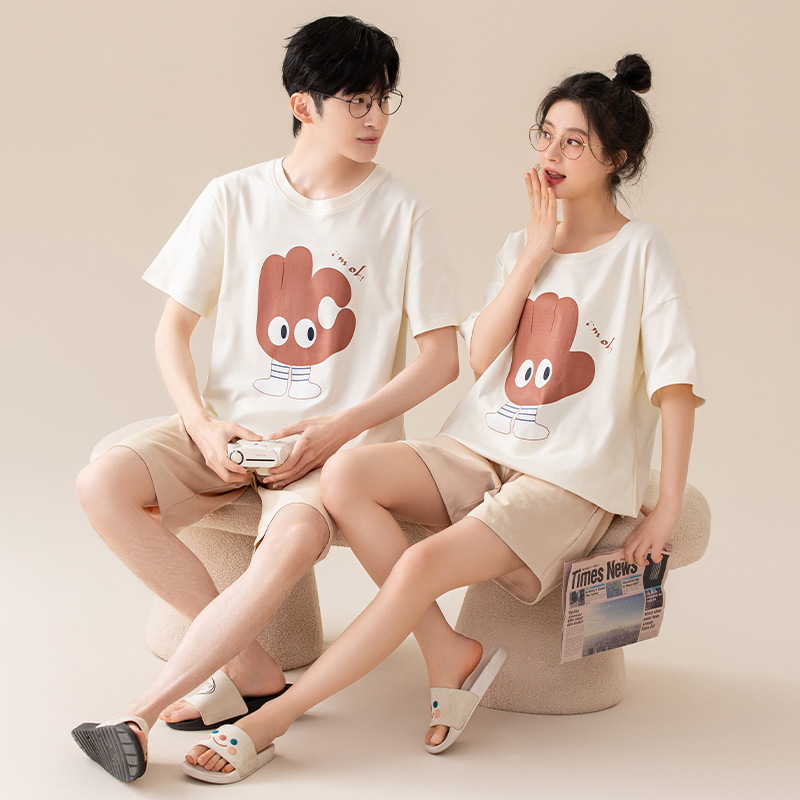 [Antibacterial] Couple Pajamas Summer Cotton Men's and Women's Short Sleeve Cute Cartoon Casual Outwear suit