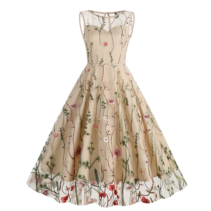 Amazon Europe and the United States cross-border round neck sleeveless heavy embroidery dress 50s dress 8065