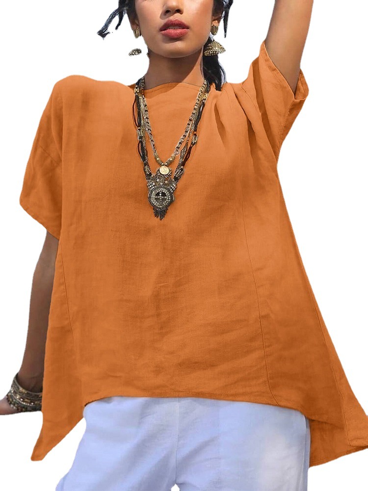 2023 European and American Cross-border Spring and Summer Solid Color Cotton and Linen Shirt Irregular Hem Short Sleeve Stitching Loose Round Neck Top for Women