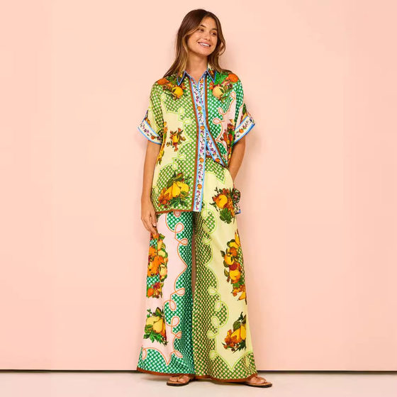 Cross-border European and American women's clothing 2024 new fashion printed elastic waist pocket wide leg pants casual suit women's summer