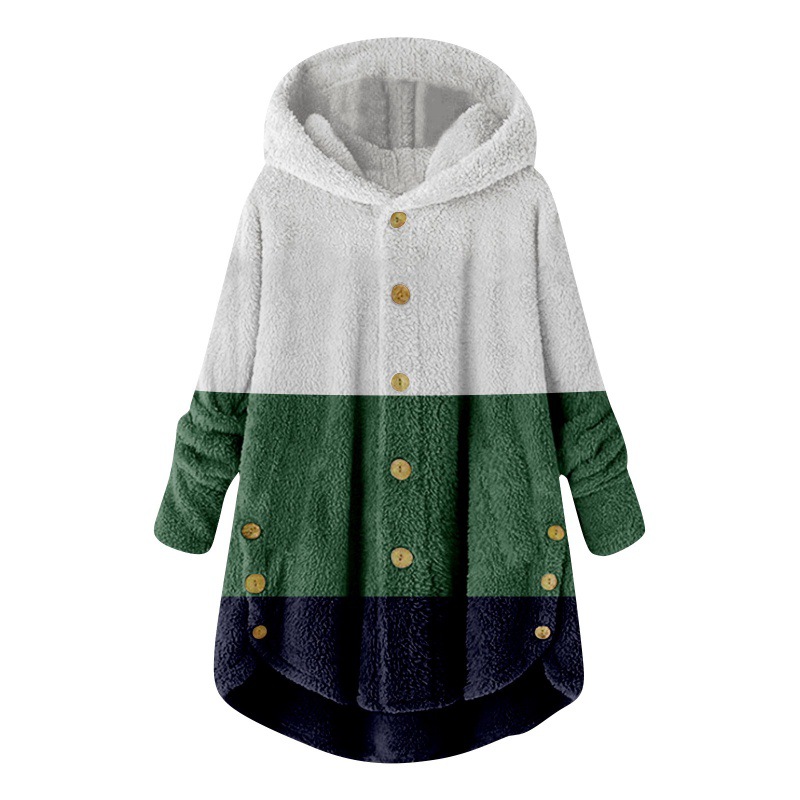 2023 Winter   New Fashion Women's European and American Button Plush Top Color Matching Multicolor Hooded Jacket_voghion.com