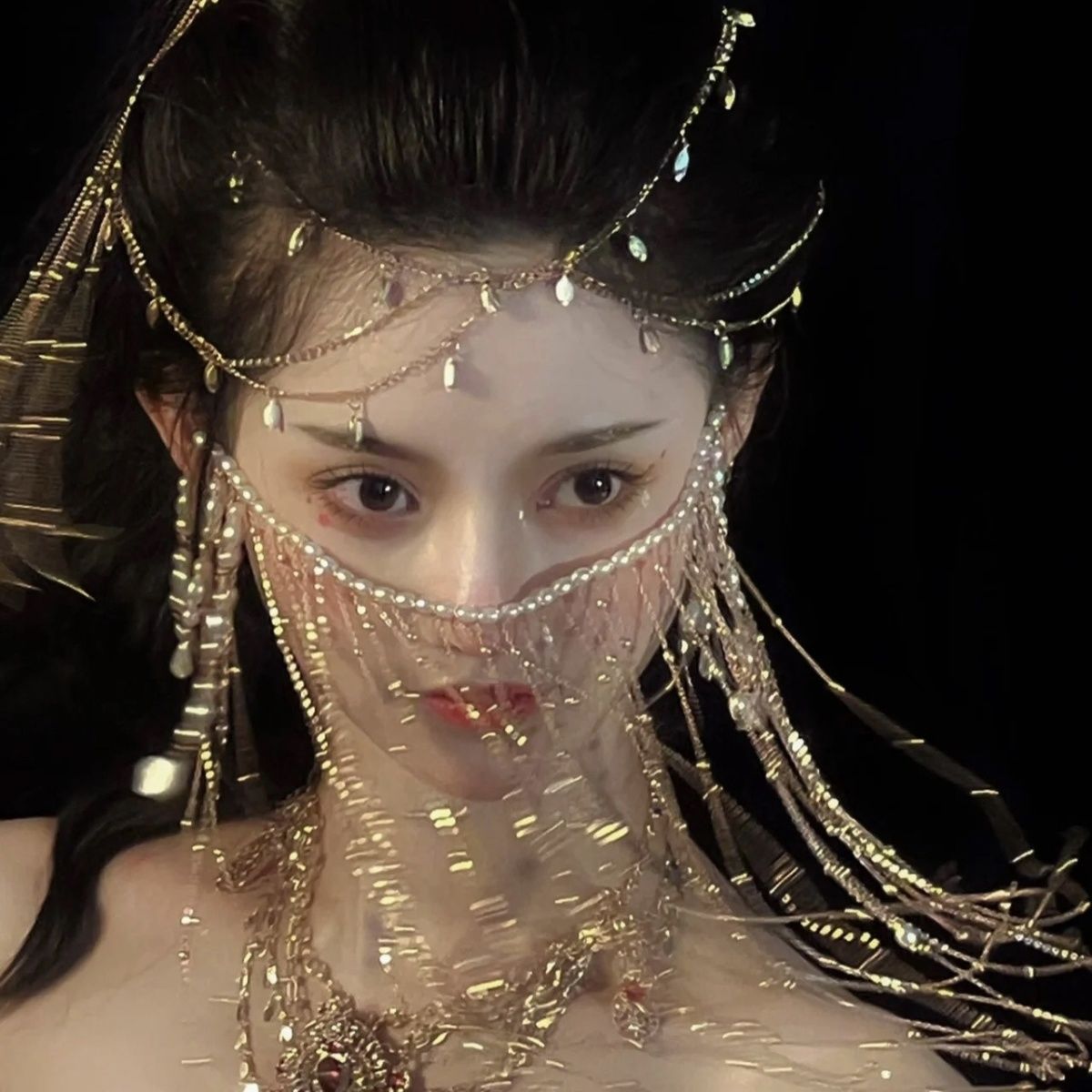 Rideau de surface Hanfu Voile antique Gland Oreilles suspendues Cheveux pour enfants Rideau de surface Couvre-visage Coiffe Ancienne Costery Bijoux assortis_voghion.com