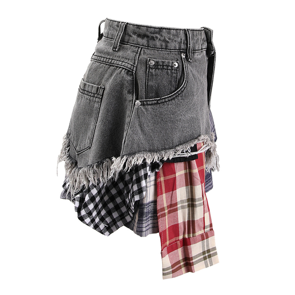 American Style Distinctive Deconstruction Design Sense Denim Skirt Women's Summer New Arrival Irregular Plaid Stitching High Waist Skirt