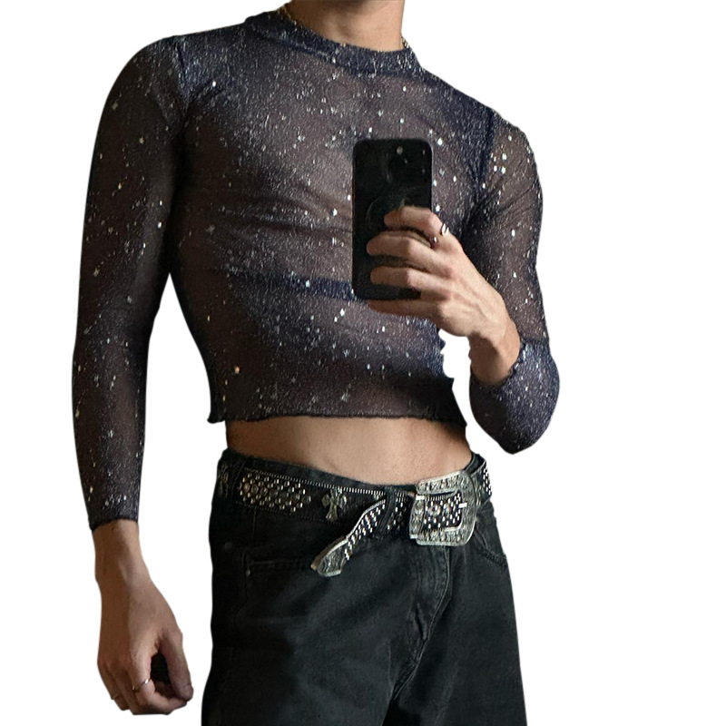 Amazon popular micro transparent T-shirt men's fashion tight long-sleeved bottoming shirt men's Stretch Slim purple funny clothing