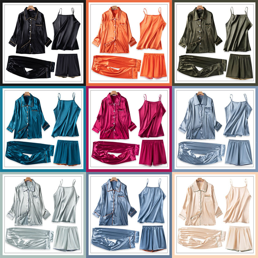 2023 new pajamas women Four Seasons can wear sweet solid color 5050 summer four-piece thin foreign trade Home clothing 7