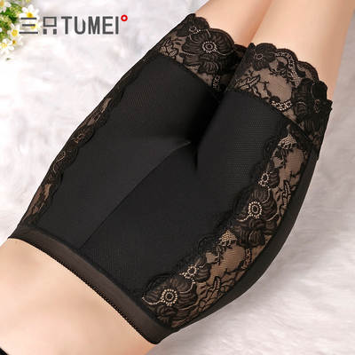 Three Rabbit Beauty Sexy Lace-side Shorts Half-length Pants Ice Silk Mesh Mid-high Waist Boxer Cotton Crotch Safety Pants for Summer