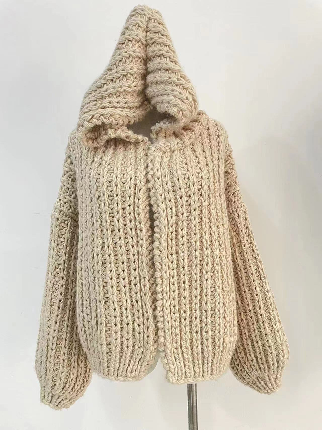 Grenzüberschreitender, lockerer, fauler Kapuzen-Strickpullover, handgefertigter Strickpullover für Damen_voghion.com