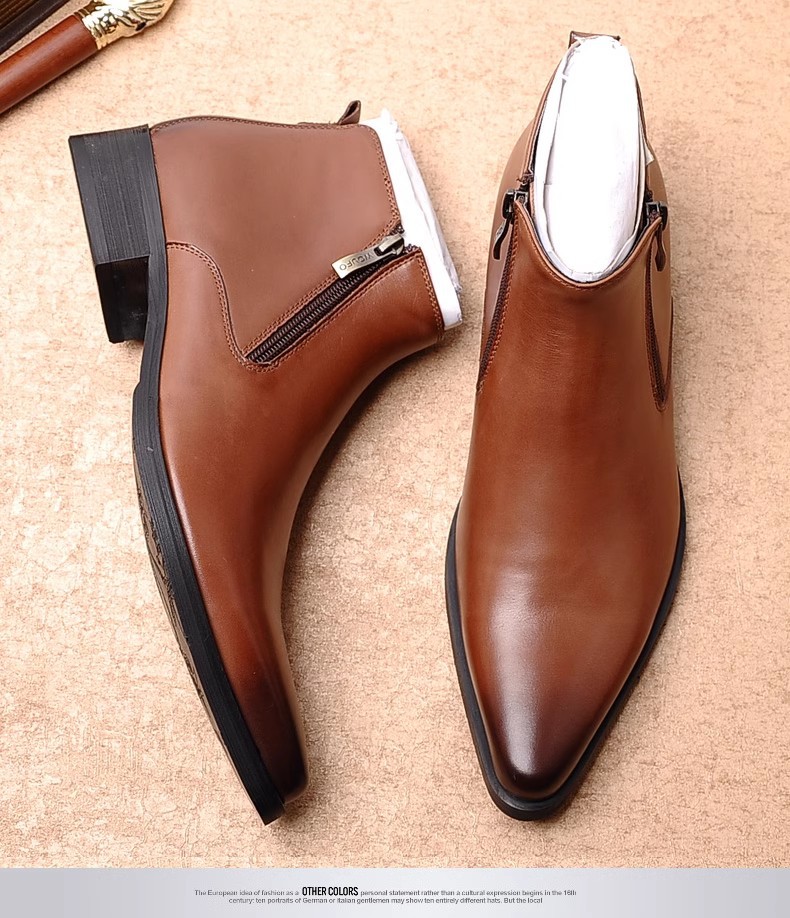 New High Top Shoes Pointed Toe Style Pure Leather Made Cowhide Short Boots Double Zipper Leather Boots Work Shoes European Version Large Size 48